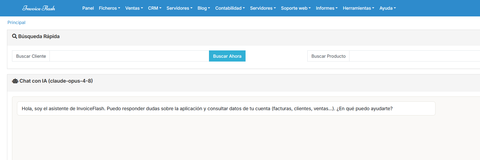 Panel de InvoiceFlash con el bloque «Chat con IA» bajo la búsqueda rápida. El asistente saluda: «Hola, soy el asistente de InvoiceFlash. Puedo responder dudas sobre la aplicación y consultar datos de tu cuenta (facturas, clientes, ventas...). ¿En qué puedo ayudarte?»