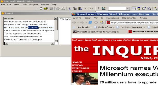 Formulario de Visual FoxPro con una lista de titulares leídos del canal RSS de fpress.com