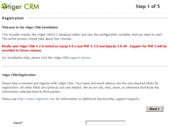 Primer paso del instalador de vtiger CRM 4.2: pantalla de registro