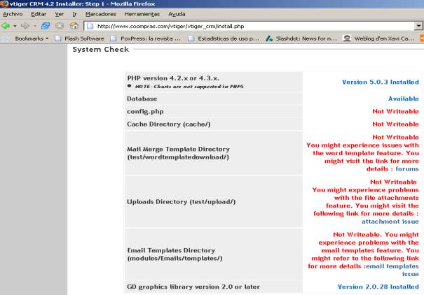 Comprobación del sistema del instalador de vtiger CRM con varios directorios sin permiso de escritura