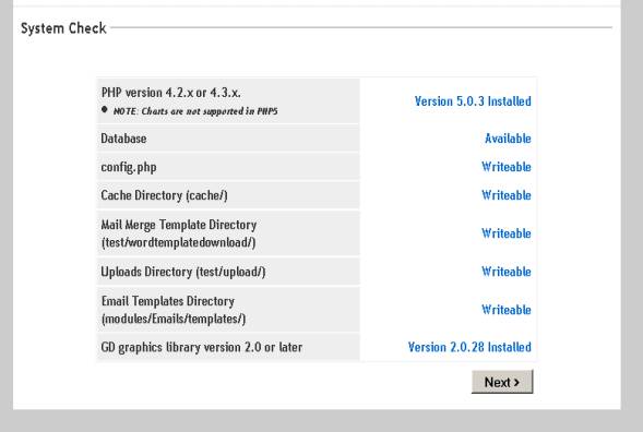 Comprobación del sistema de vtiger CRM sin errores, con todos los directorios con permiso de escritura