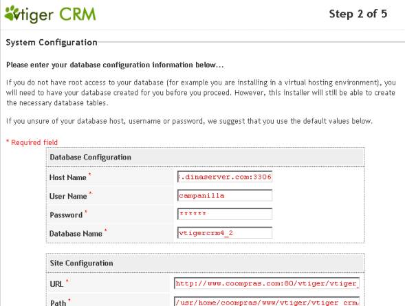 Segundo paso del instalador de vtiger CRM: configuración de la base de datos MySQL