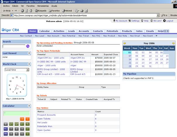Pantalla principal de vtiger CRM con potenciales, calendario y métricas, sin los gráficos por usar PHP 5
