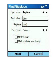 Diálogo Find/Replace de una aplicación de Pocket C# en un Smartphone