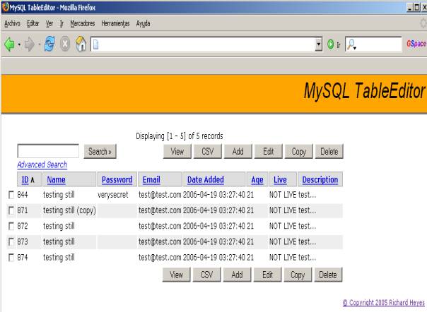 Listado de la tabla de pruebas con la librería MySQL TableEditor, con botones Search, View, CSV, Add, Edit, Copy y Delete