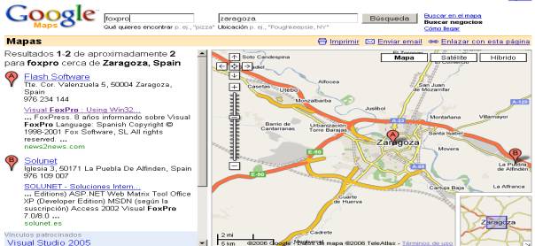 Google Maps con la búsqueda foxpro en Zaragoza y sus resultados señalados en el mapa